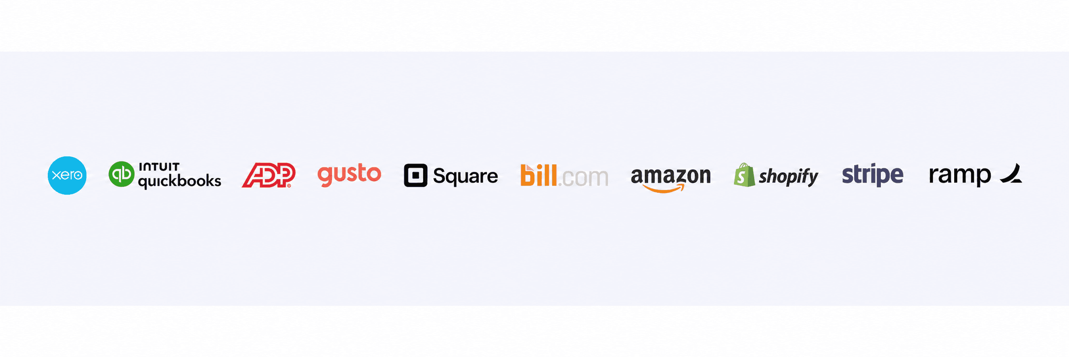 Xero, Intuit QuickBooks, ADP, Gusto, Square, Bill.com, Amazon, Shopify, Stripe and Ramp.